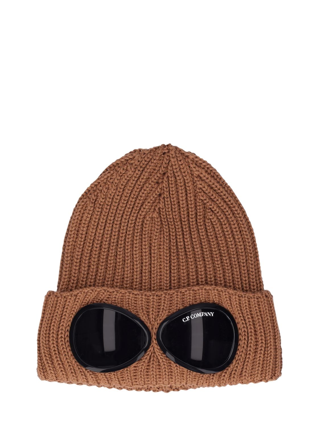 C.p. Company Knit Wool Beanie W/ Decorative Goggles In Brown