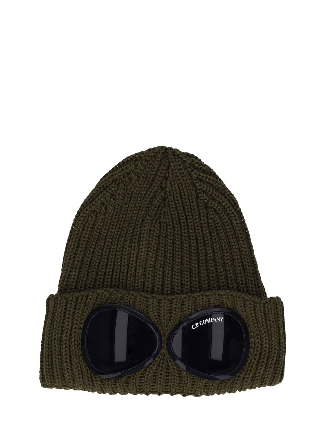 C.p. Company Knit Wool Beanie W/ Decorative Goggles In Dusty Olive