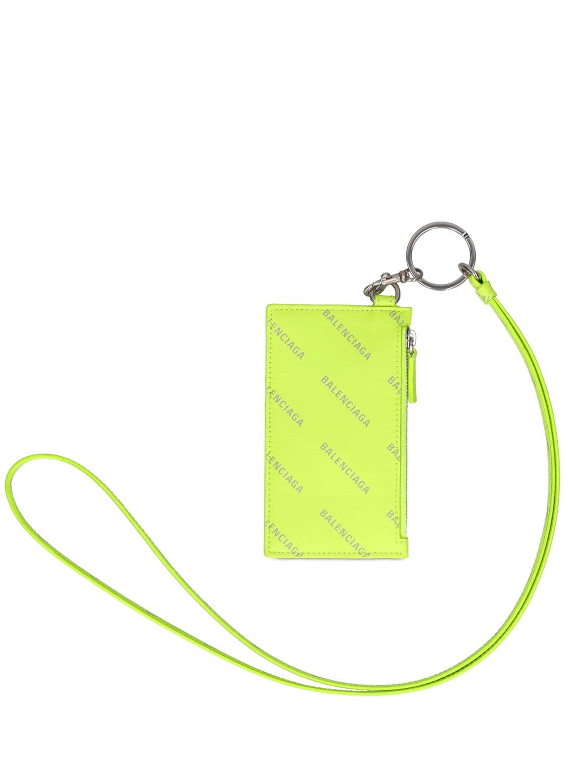 Shop Balenciaga Leather Wallet Key Holder W/ Neck Strap In Neon Yellow