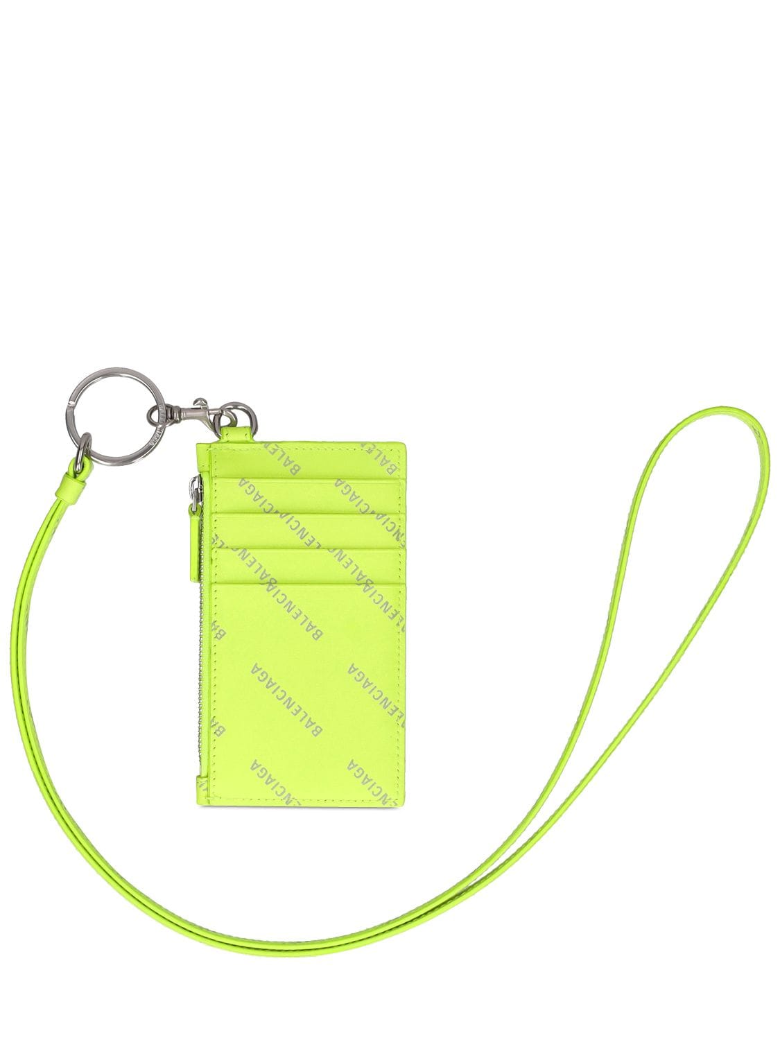 Balenciaga Leather Wallet Key Holder W/ Neck Strap In Neon Yellow