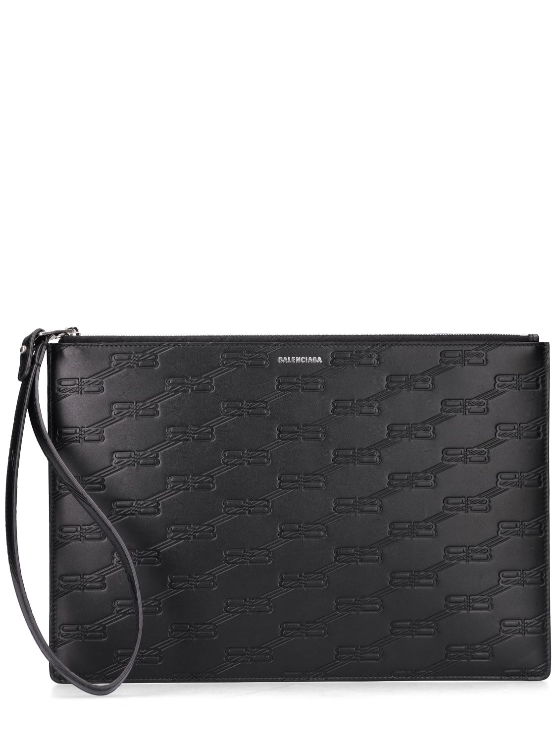 Balenciaga Embossed Leather Pouch W/ Wrist Strap In Black