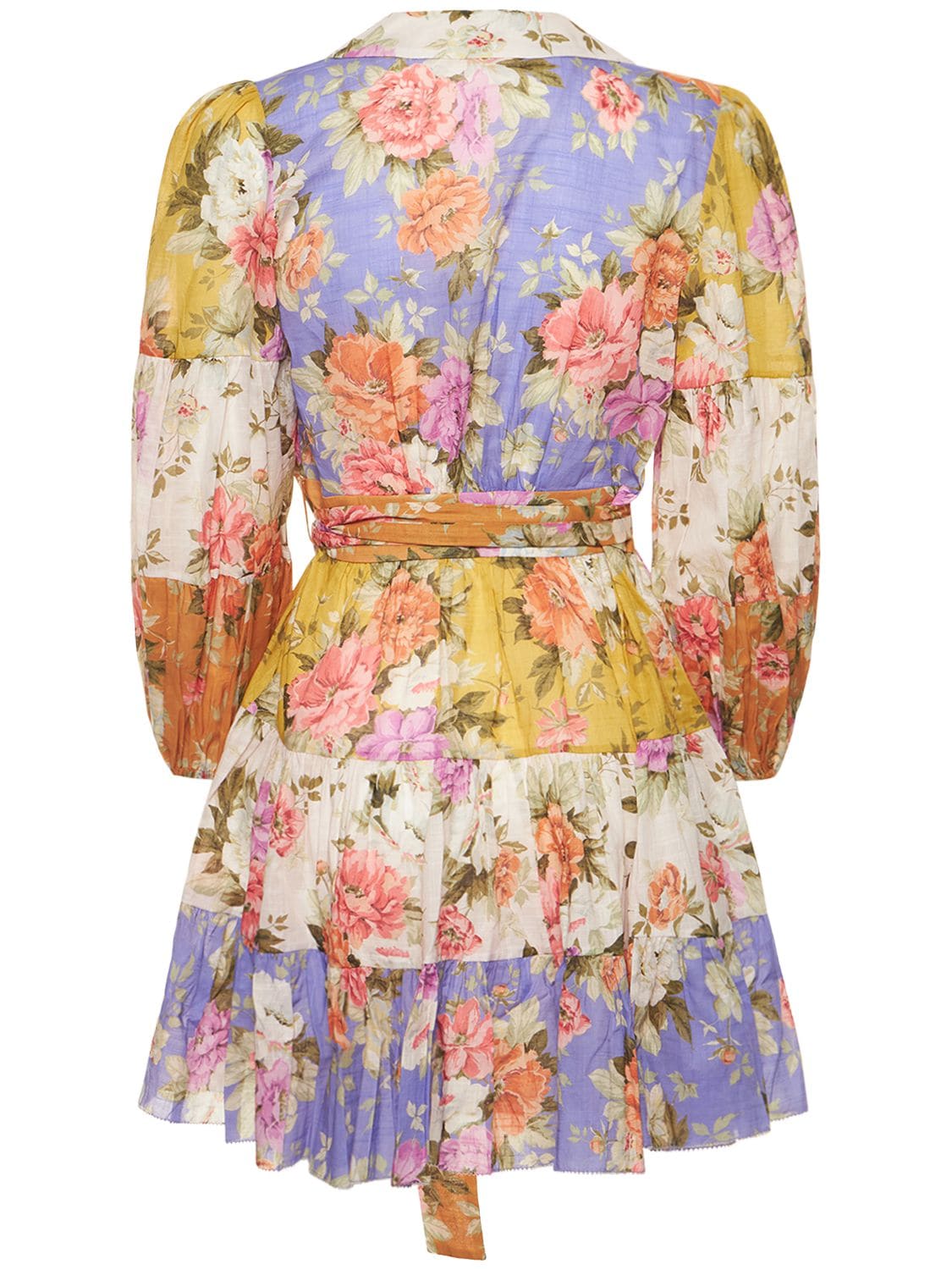 Zimmermann Pattie Floral Wrap Tiered Three-quarter Sleeve Mini Dress In Multicolor | ModeSens