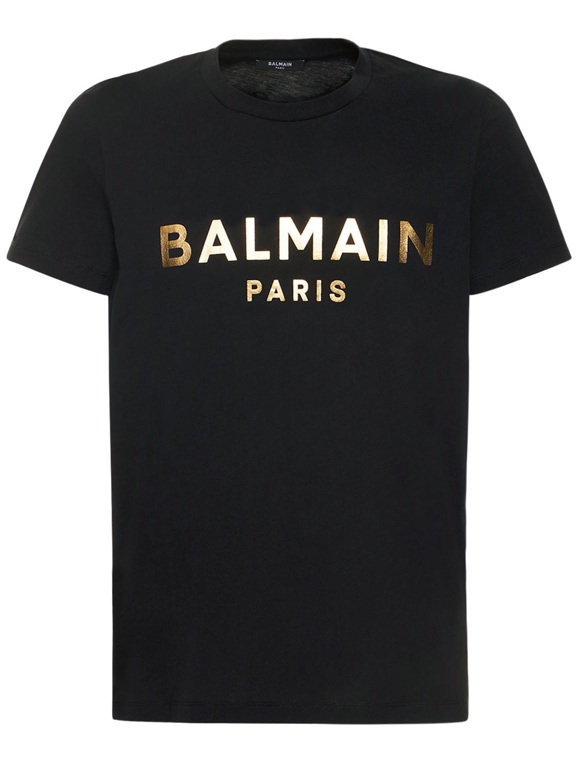 Balmain Logo Foil Cotton Jersey T-shirt In Black,gold
