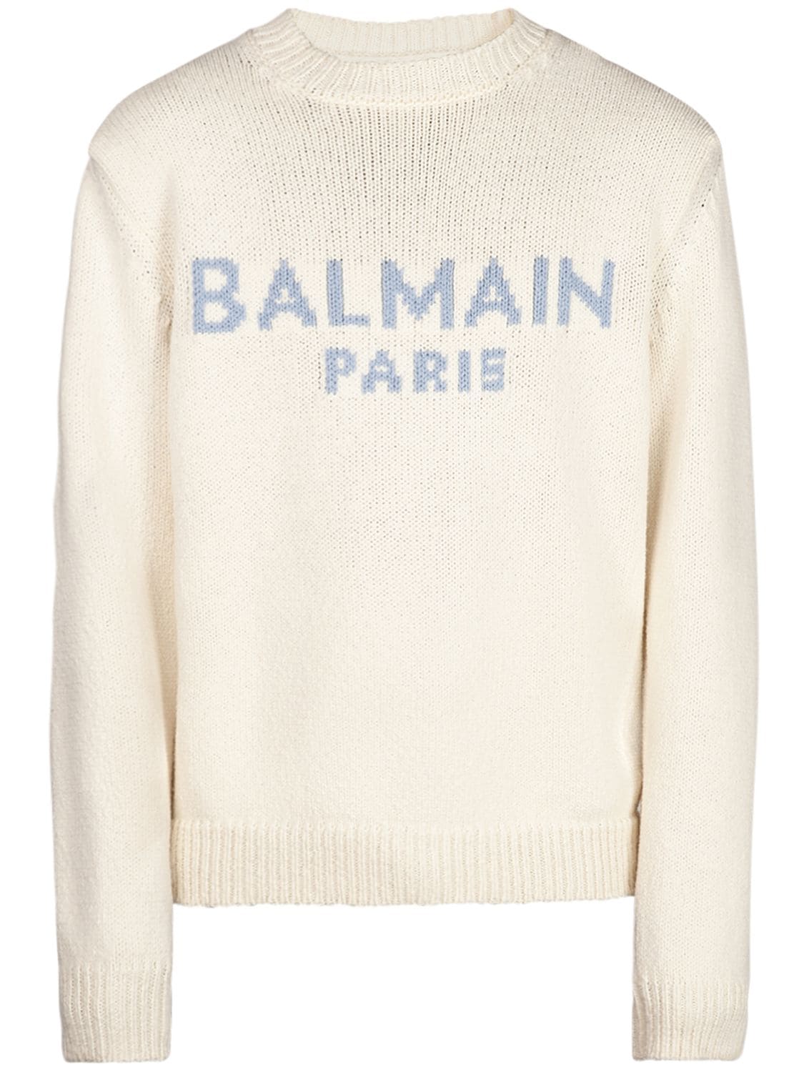 BALMAIN LOGO INTARSIA WOOL KNIT SWEATER