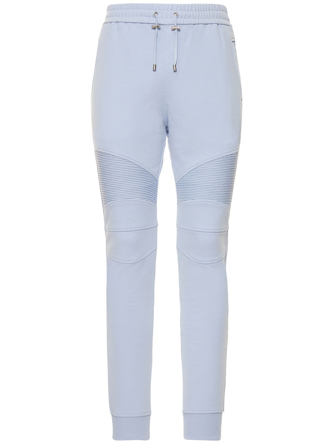Balmain Slim-fit Panelled Logo-appliquéd Cotton-jersey Sweatpants In Blue