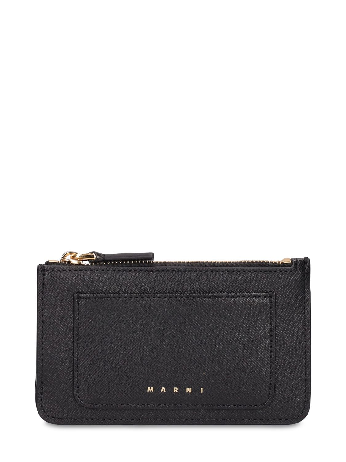 Shop Marni Trunk Saffiano Leather Card Holder W/zip In Black