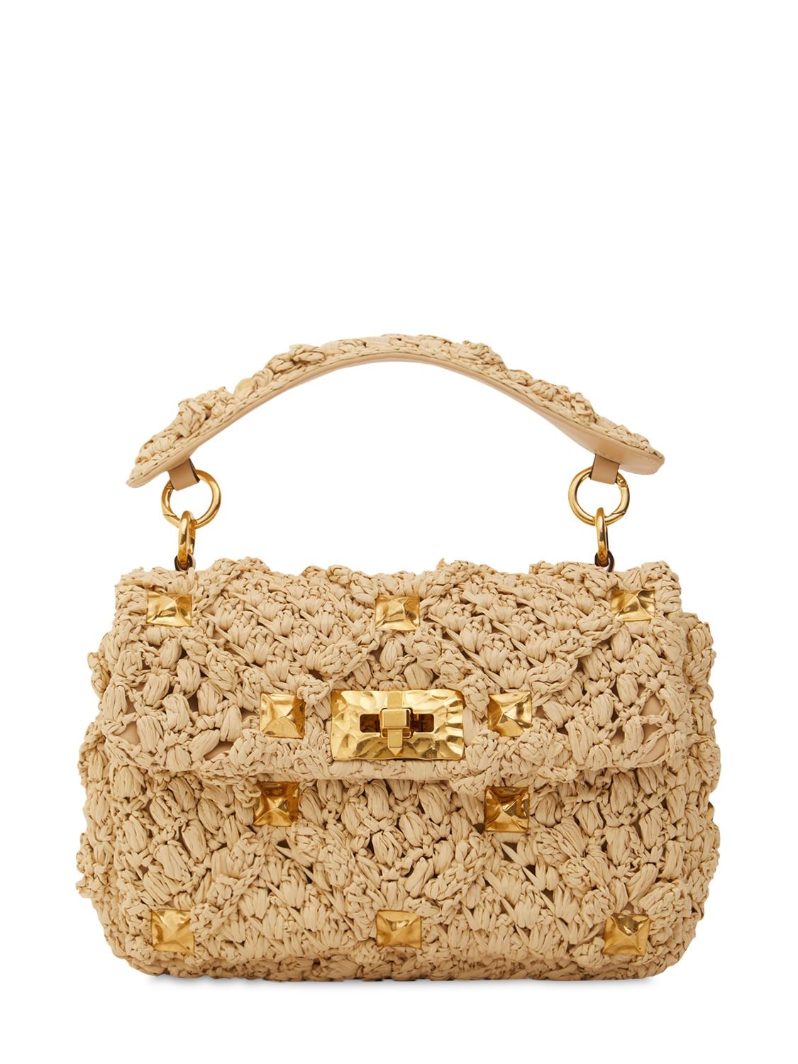 Valentino Garavani Md Roman Stud Raffia Effect Shoulder Bag In Natural ...