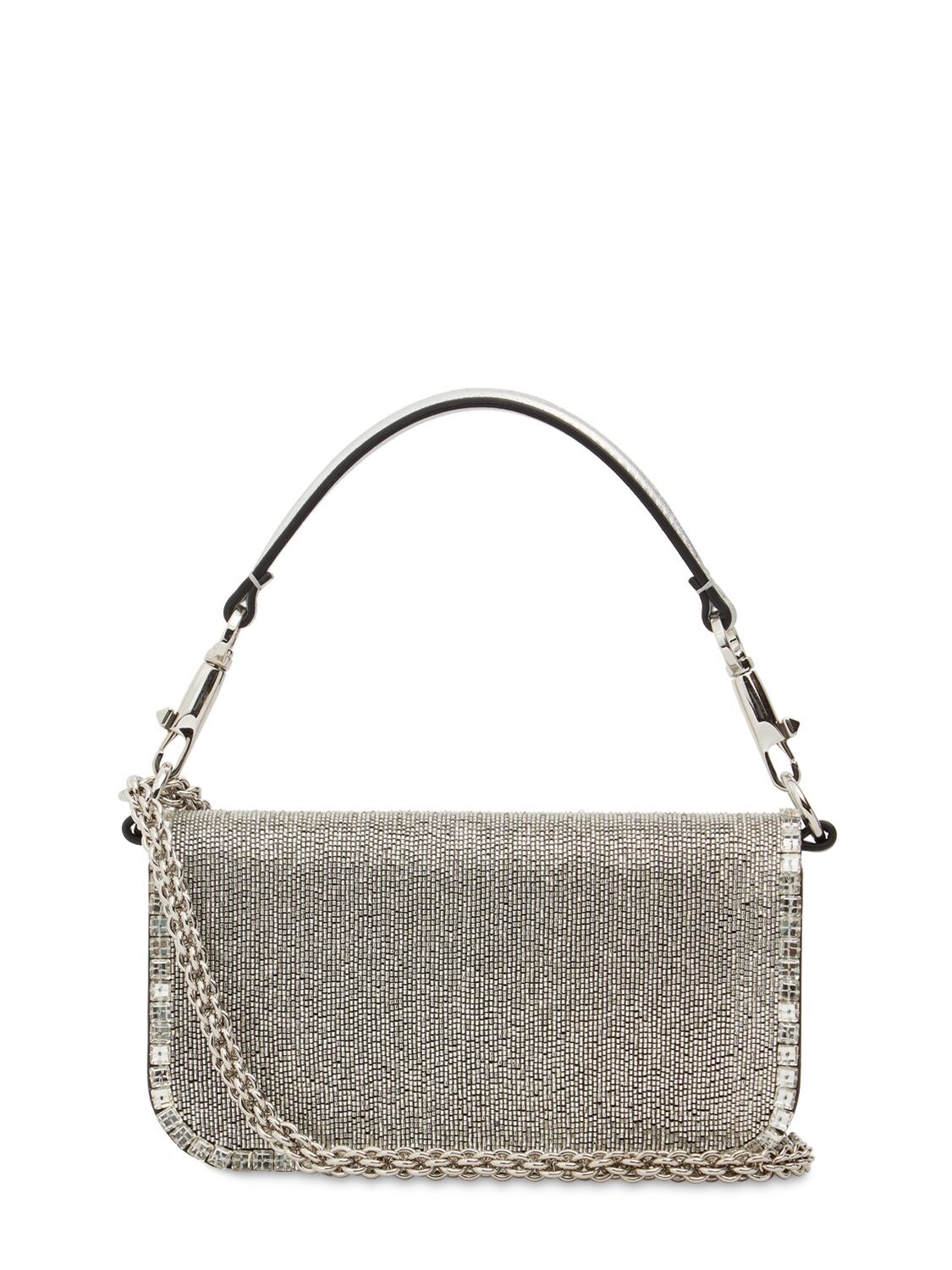 Shop Valentino Sm Locò Embellished Silk & Leather Bag In Silver