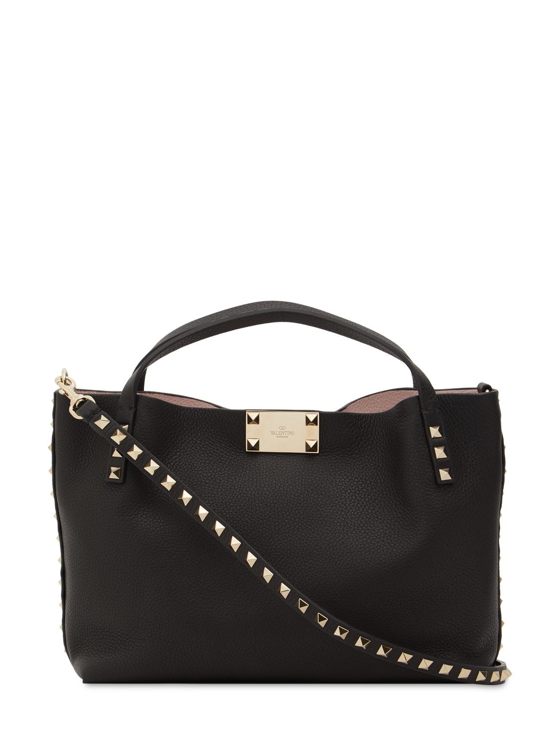 Shop Valentino Small Rockstud Leather Tote Bag In Black,rose