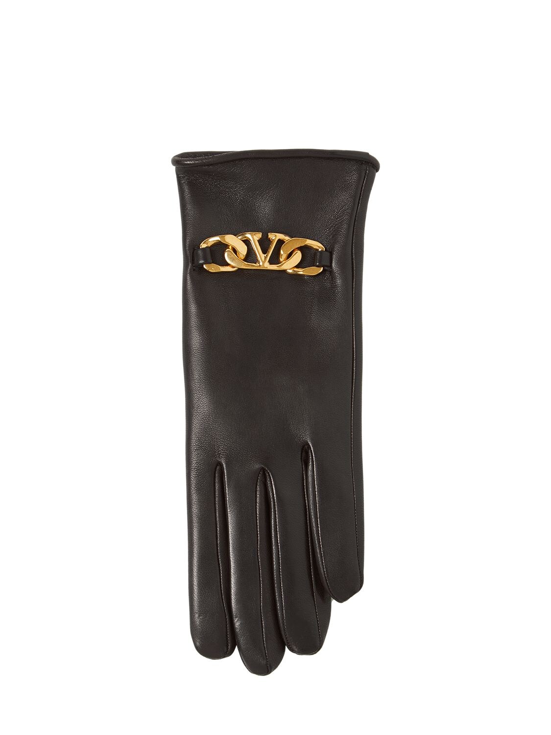 Shop Valentino V Logo Chain Smooth Leather Gloves In Black