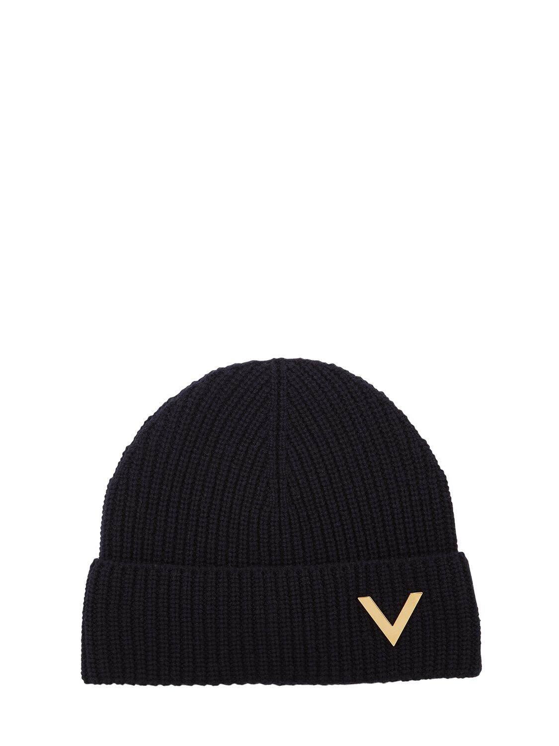 Valentino Garavani Metal V Logo Cashmere Beanie In Navy