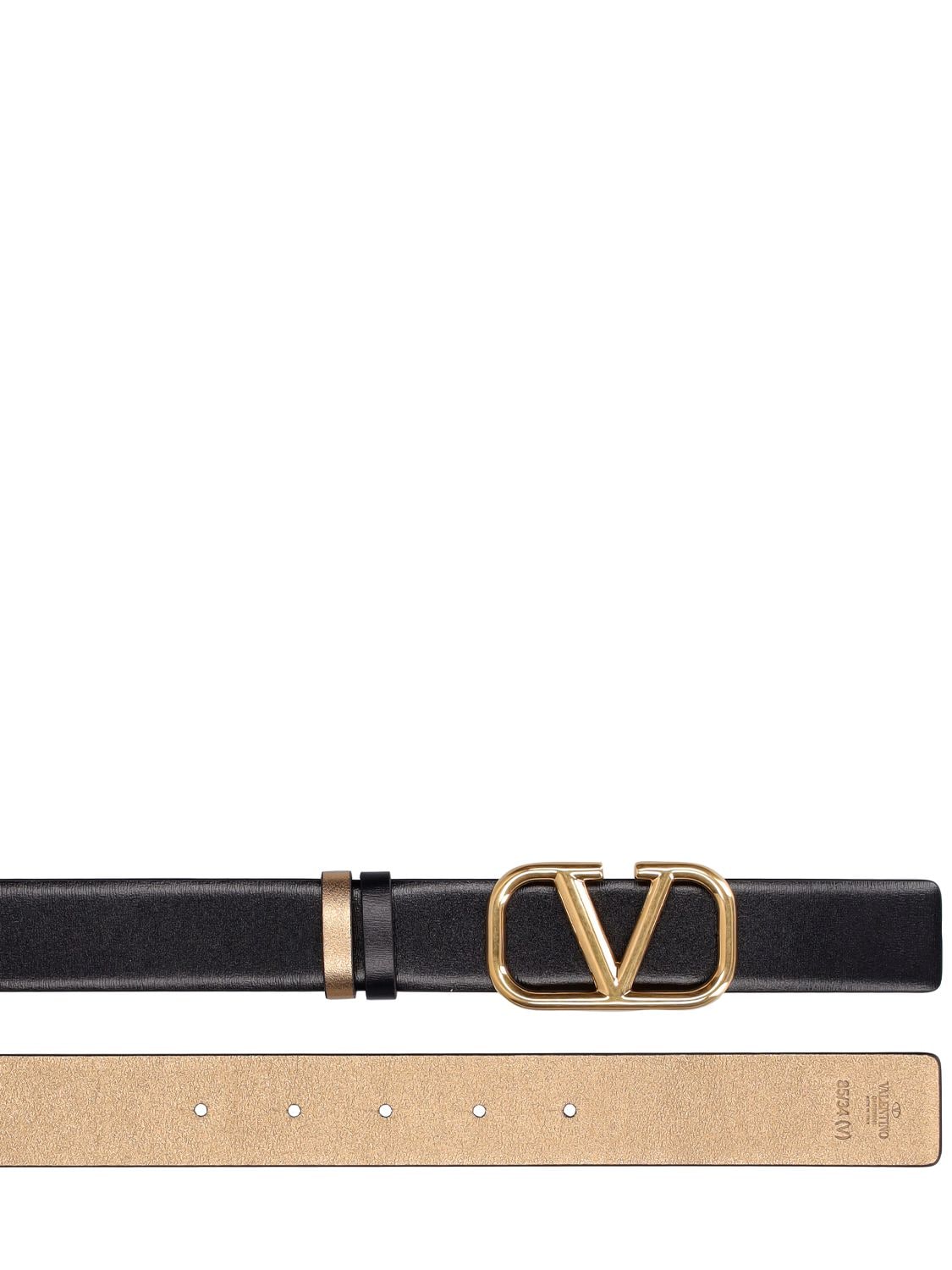 Shop Valentino 3cm V Logo Reversible Leather Belt In Black,brass