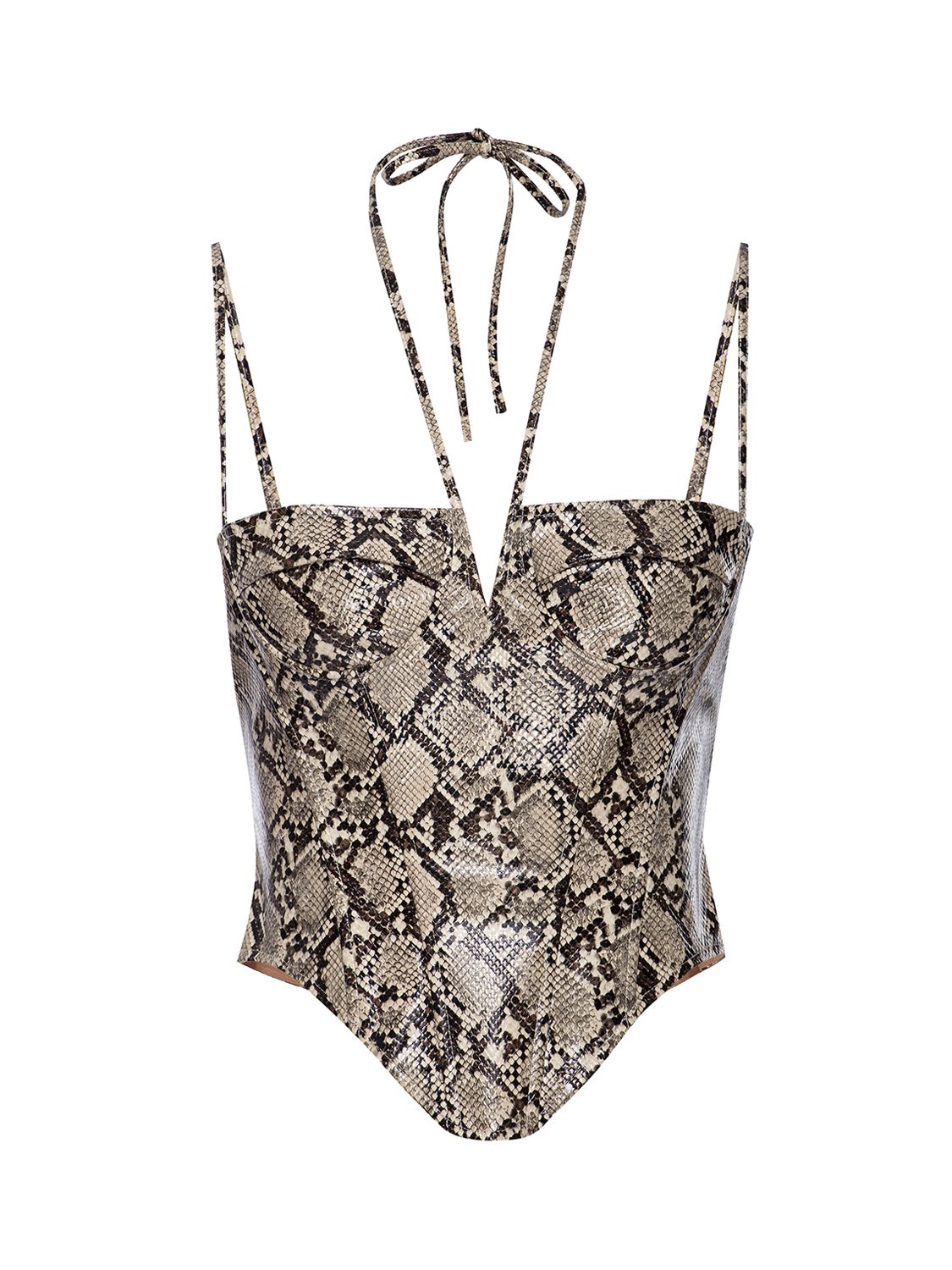 Miaou Aphex Printed Faux Leather Corset Top In Beige,multi