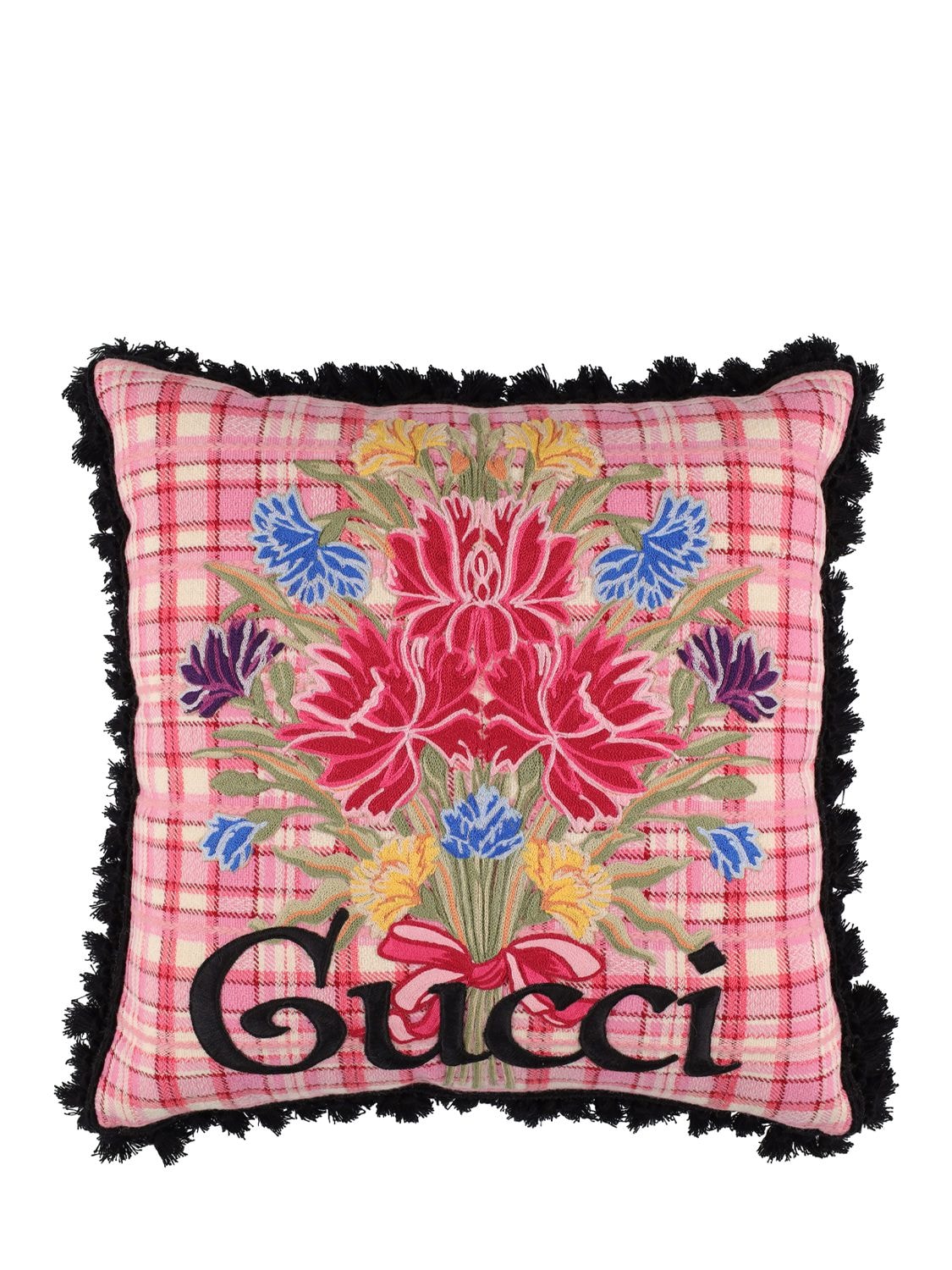 Gucci Logo Embroidered Cushion In Vivid Pink,blac