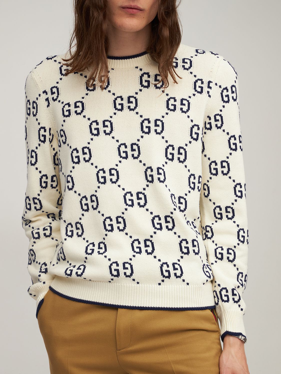Shop Gucci Gg Cotton Knit Sweater In Ivory,ink