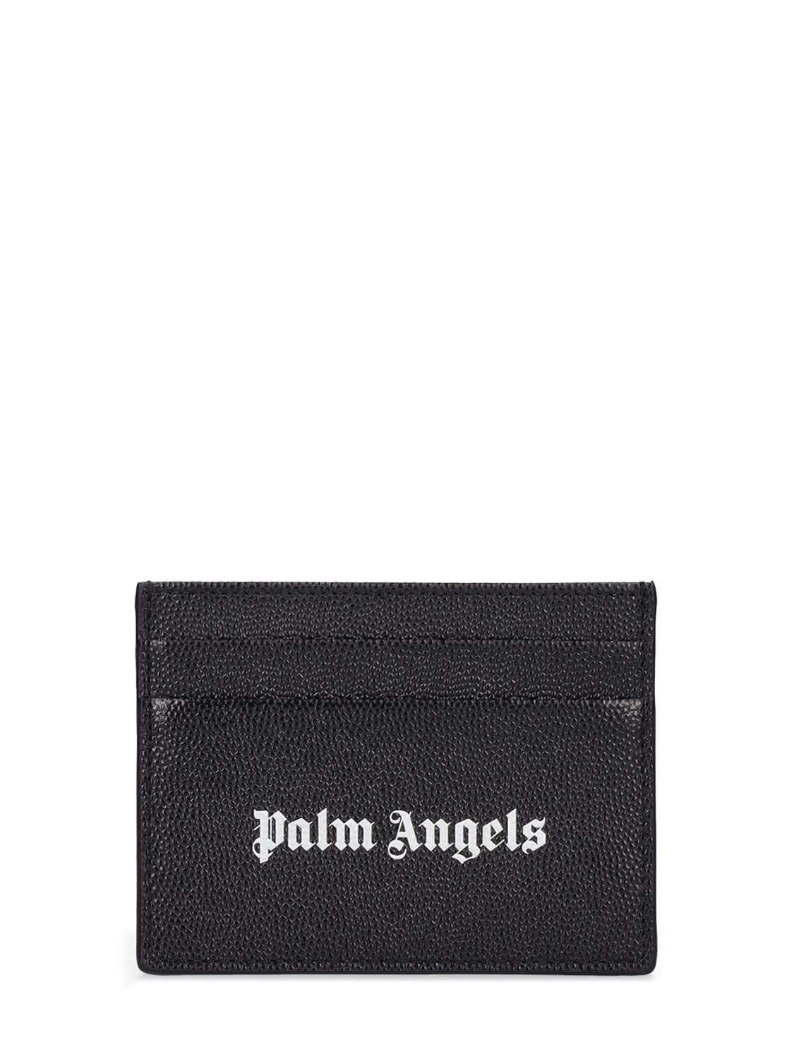 Palm Angels Logo Print Leather Card Holder In Black,white