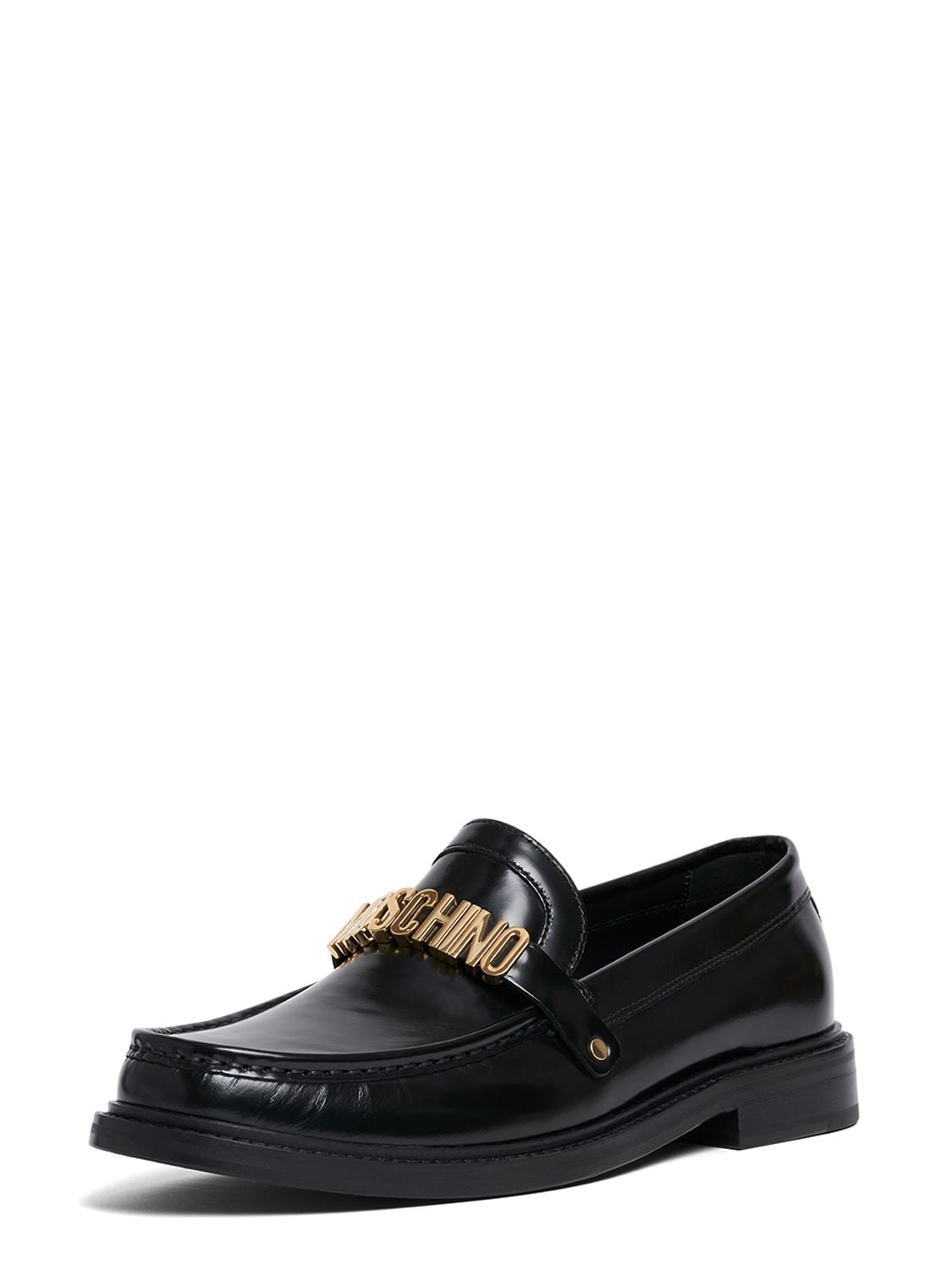 Shop Moschino Metal Logo Leather Loafers In Чёрный,золотой