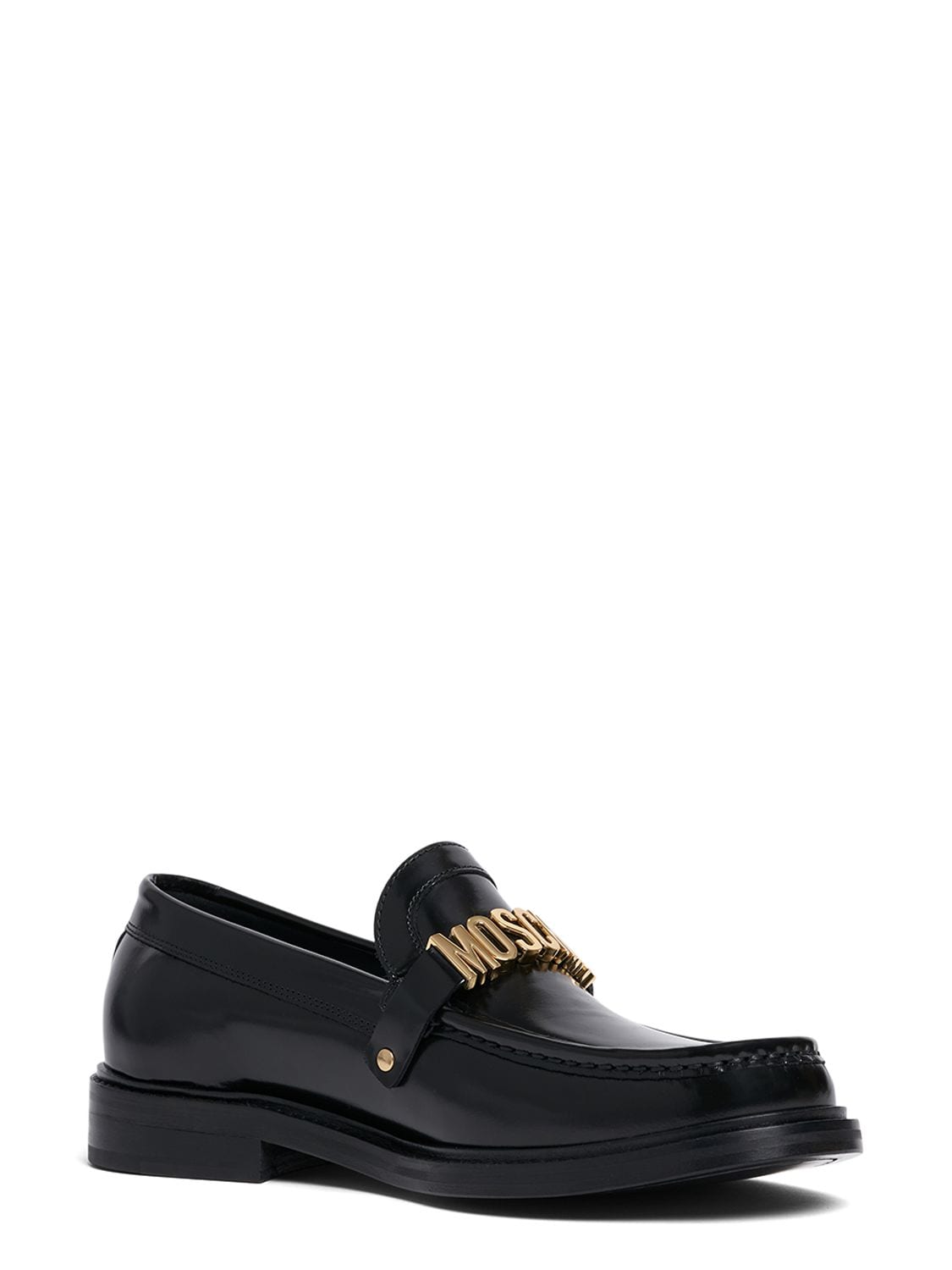 Shop Moschino Metal Logo Leather Loafers In Чёрный,золотой