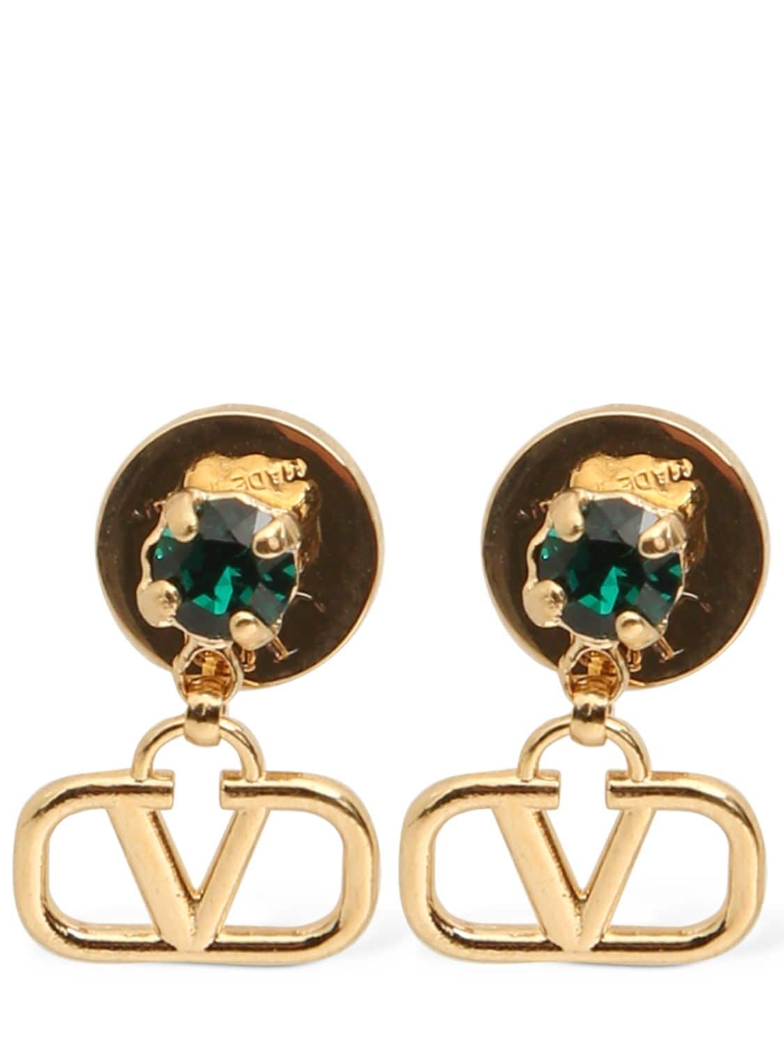 Valentino Garavani V Logo & Crystal Drop Earrings In Gold,emerald