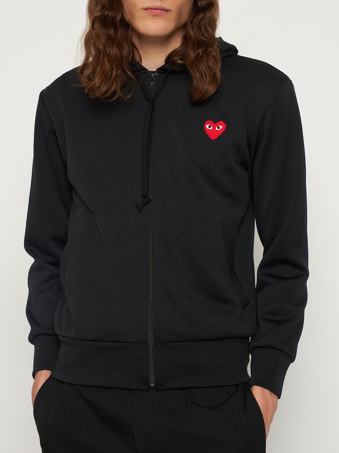 Shop Comme Des Garçons Play Mini Heart Patch Zip-up Jersey Hoodie In Black