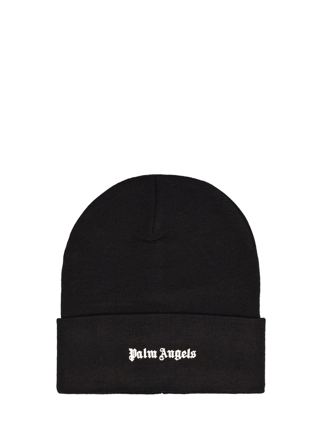 Palm Angels Classic Logo Wool Blend Beanie Hat In Black