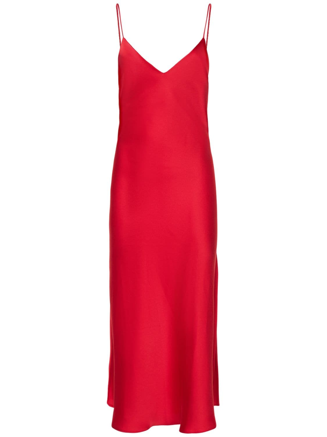 The Andamane Karina Crepe Satin Midi Dress W/ Slit In Red