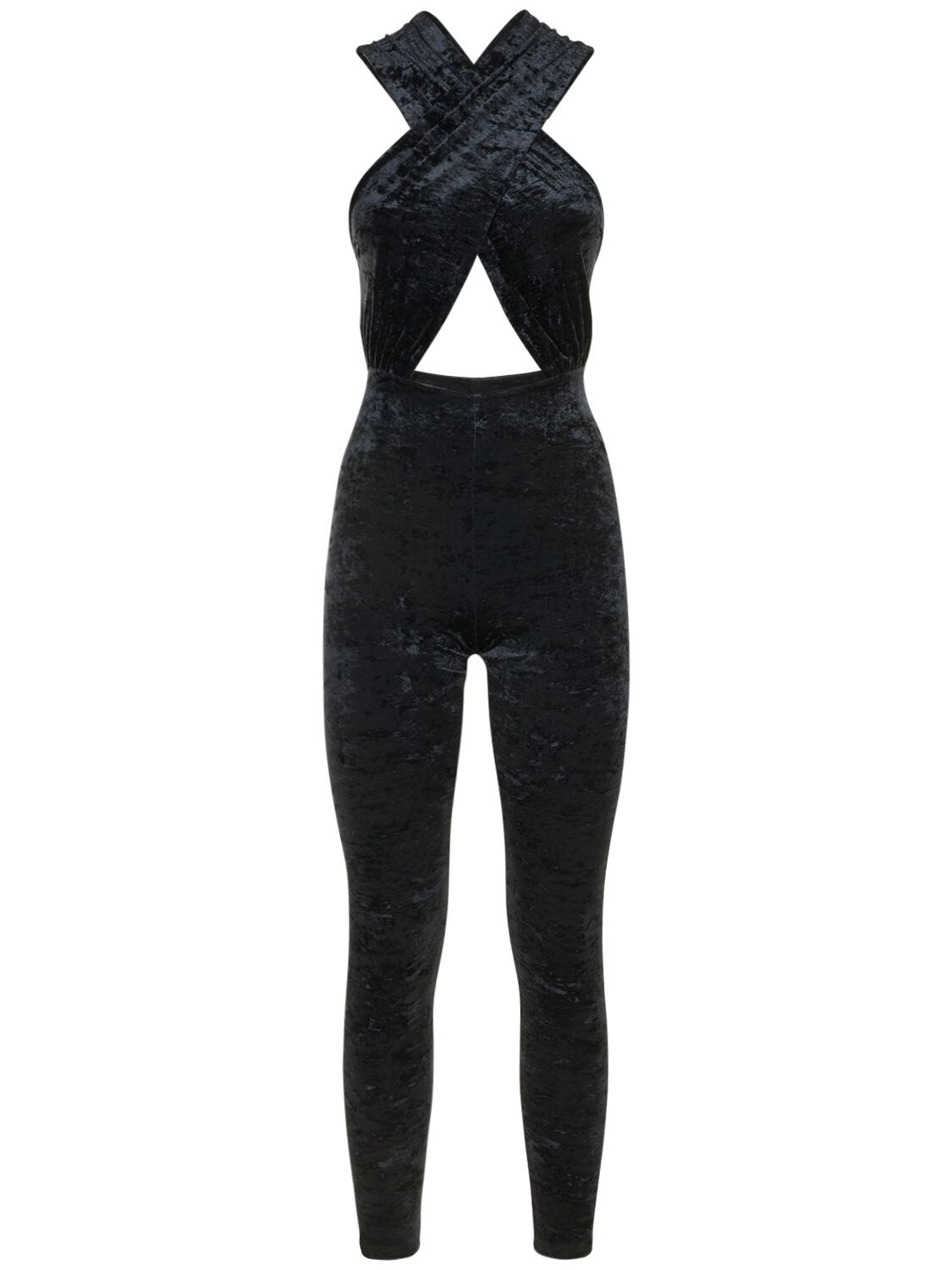 THE ANDAMANE HOLA HALTER-NECK STRETCH VELVET JUMPSUIT