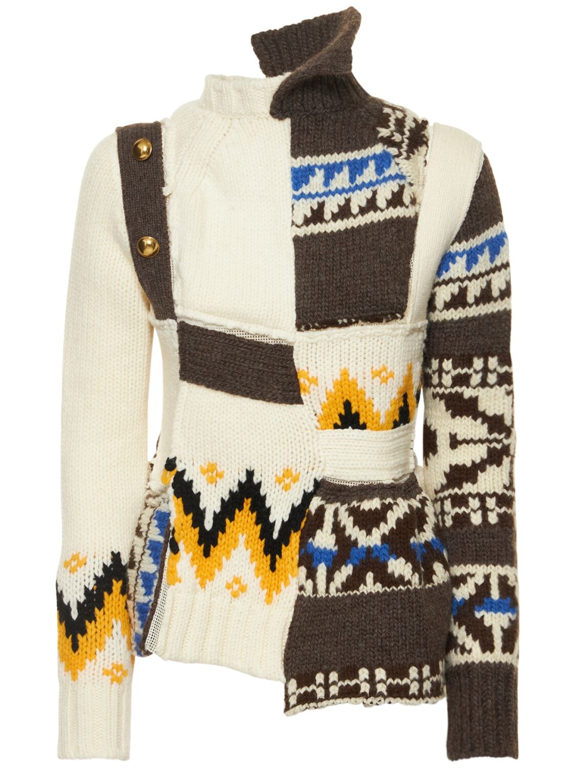 Nordic Patchwork Wool Knit Sweater In Brown