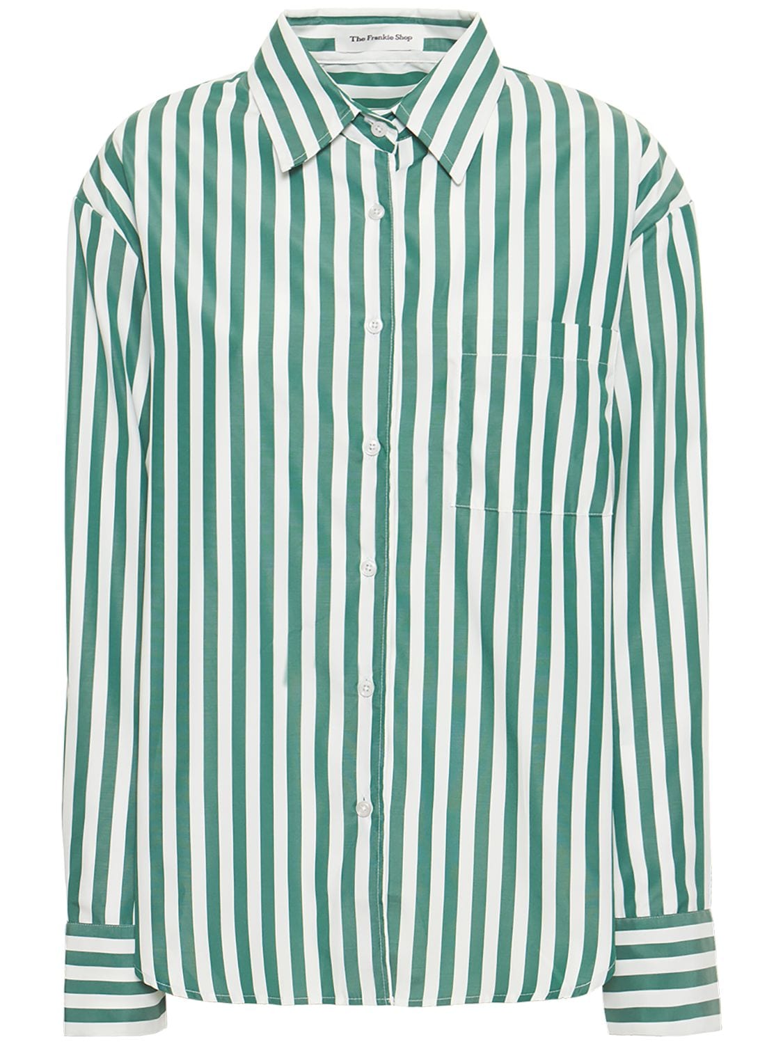 The Frankie Shop Lui Silky Fluid Satin Striped Shirt In Green,white ...