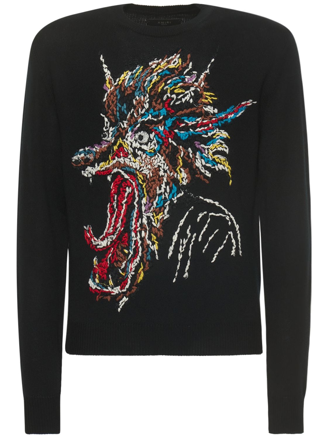Amiri Wes Lang Embroidered Wool Knit Sweater In Black | ModeSens