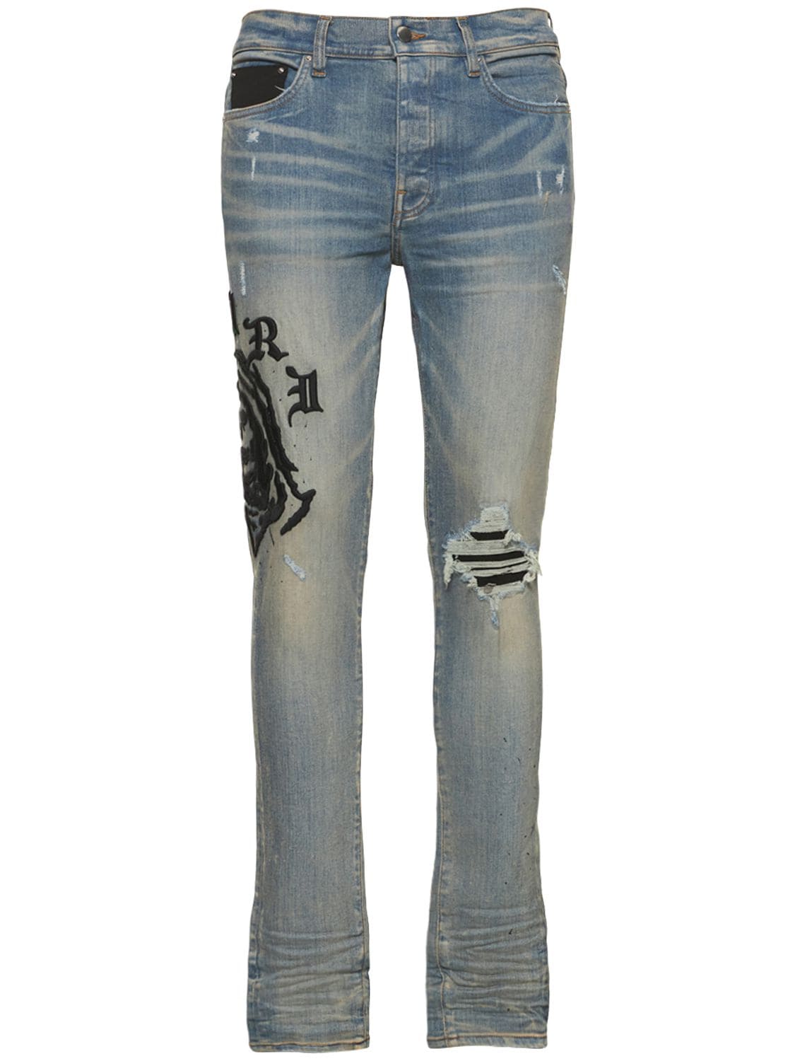 Amiri Wes Lang Skinny-fit Distressed Embroidered Jeans In Grey | ModeSens