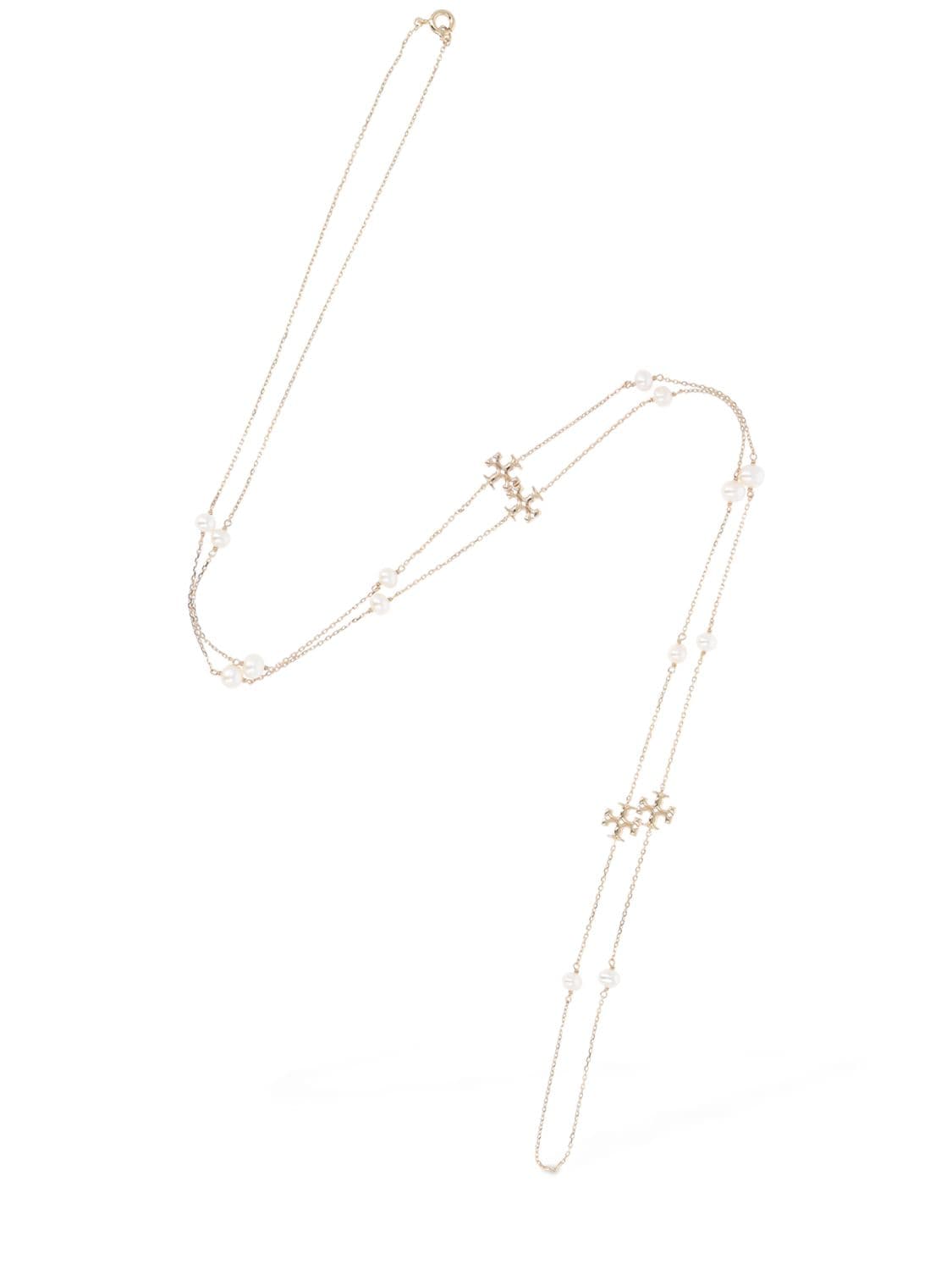 Shop Tory Burch Kira Pearl Delicate Long Necklace In Gold,white