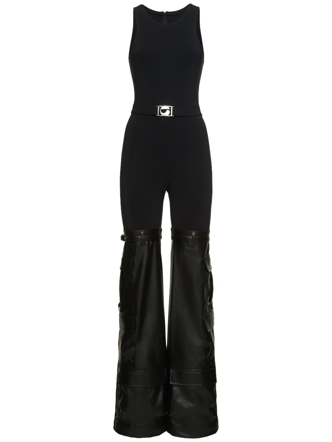 Coperni Hybrid Jersey And Faux Leather Jumpsuit In Black