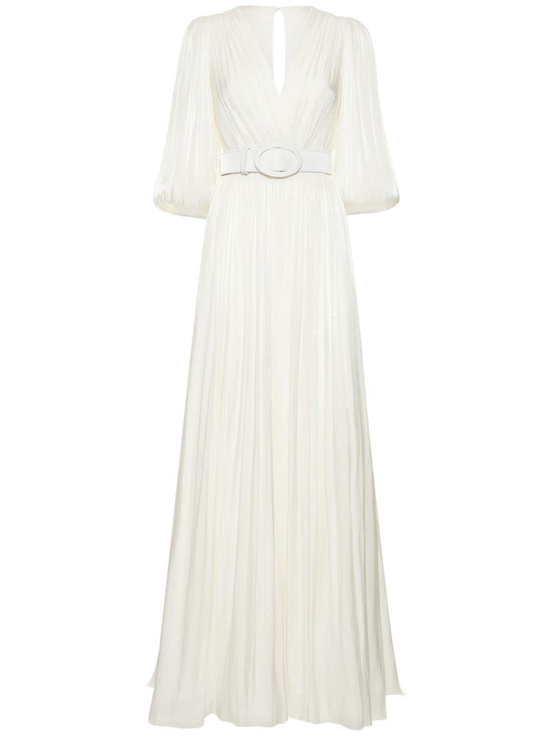 Costarellos Brennie Belted Metallic Plissé-georgette Maxi Dress In Off-white