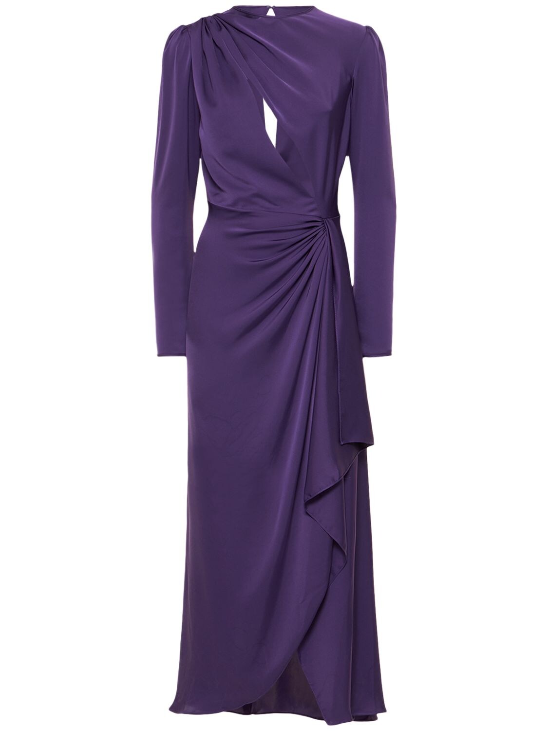 Costarellos Portia Draped Satin Cutout Midi Dress In Purple | ModeSens