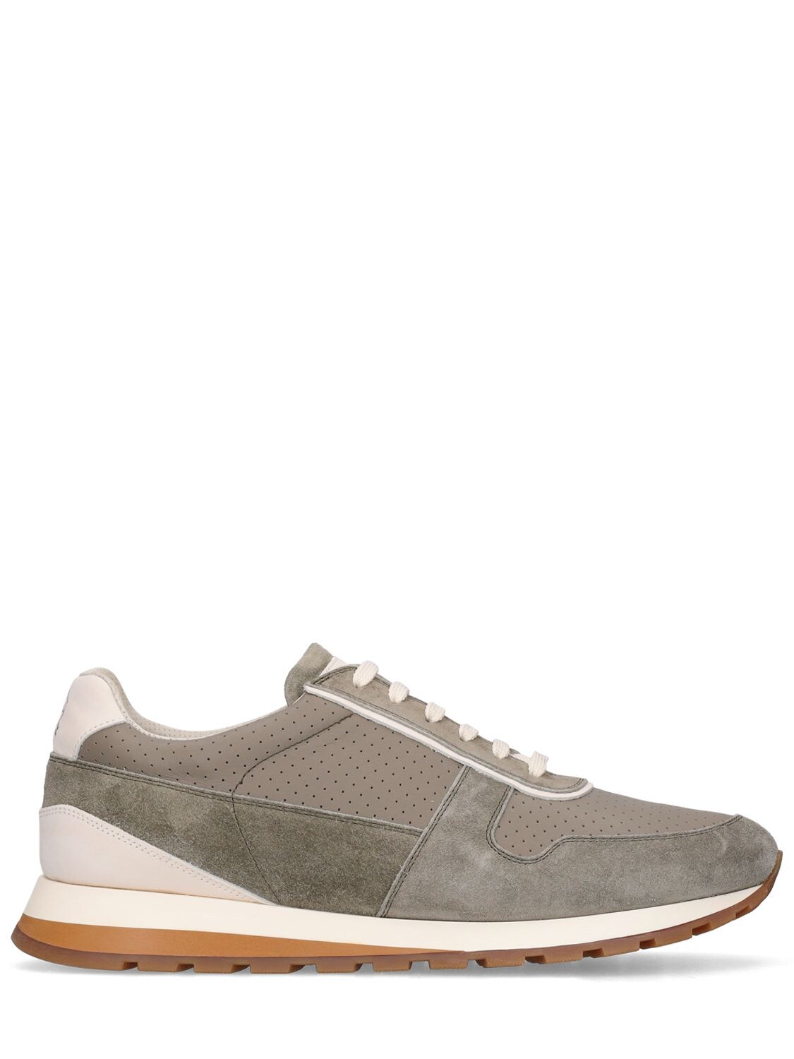 Suede And Perforated Leather Sneakers In Green
