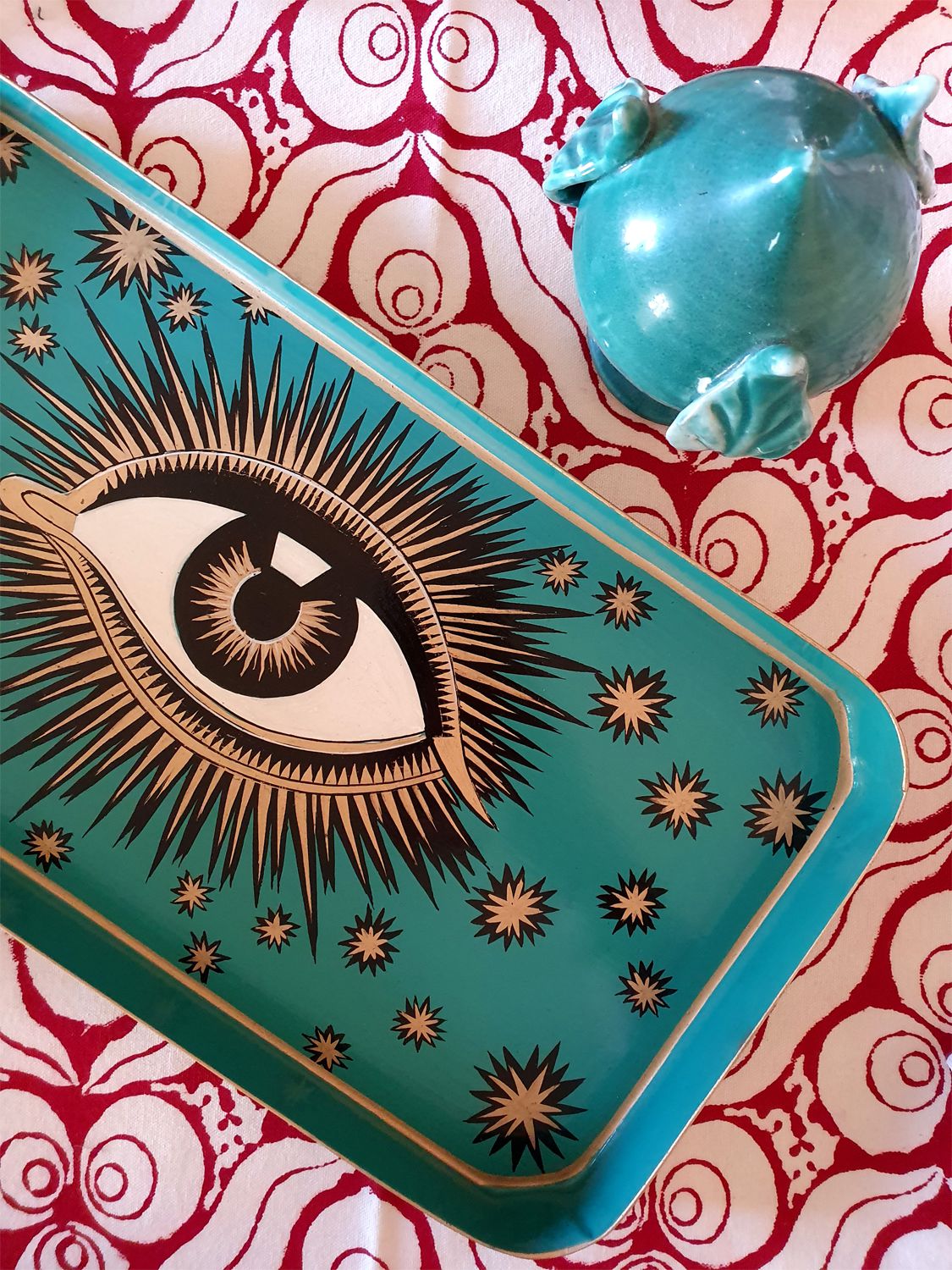 Shop Les Ottomans Eye Hand-painted Iron Tray In Green
