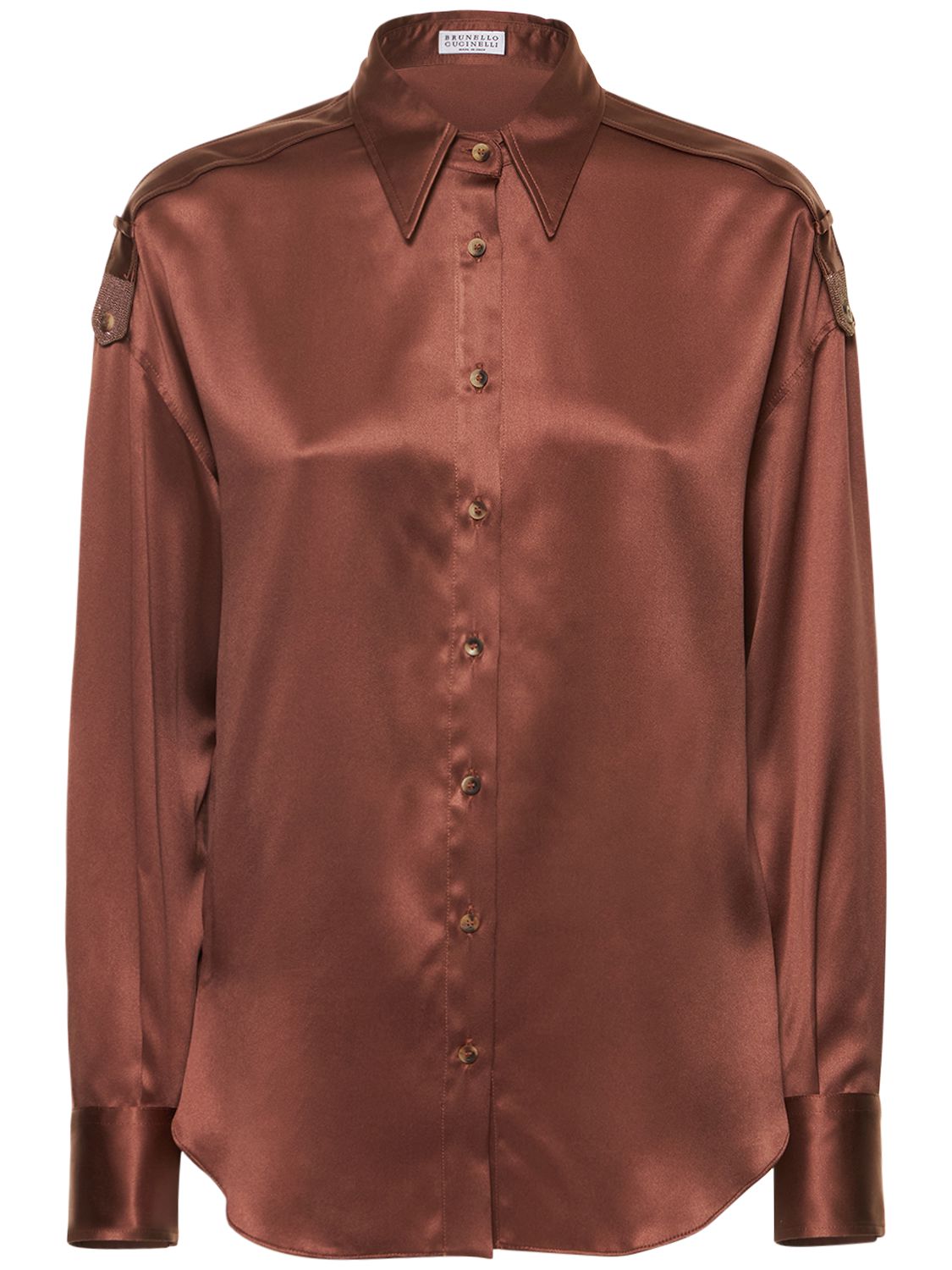 Brunello Cucinelli Stretch Silk Satin Classic Shirt In Earth