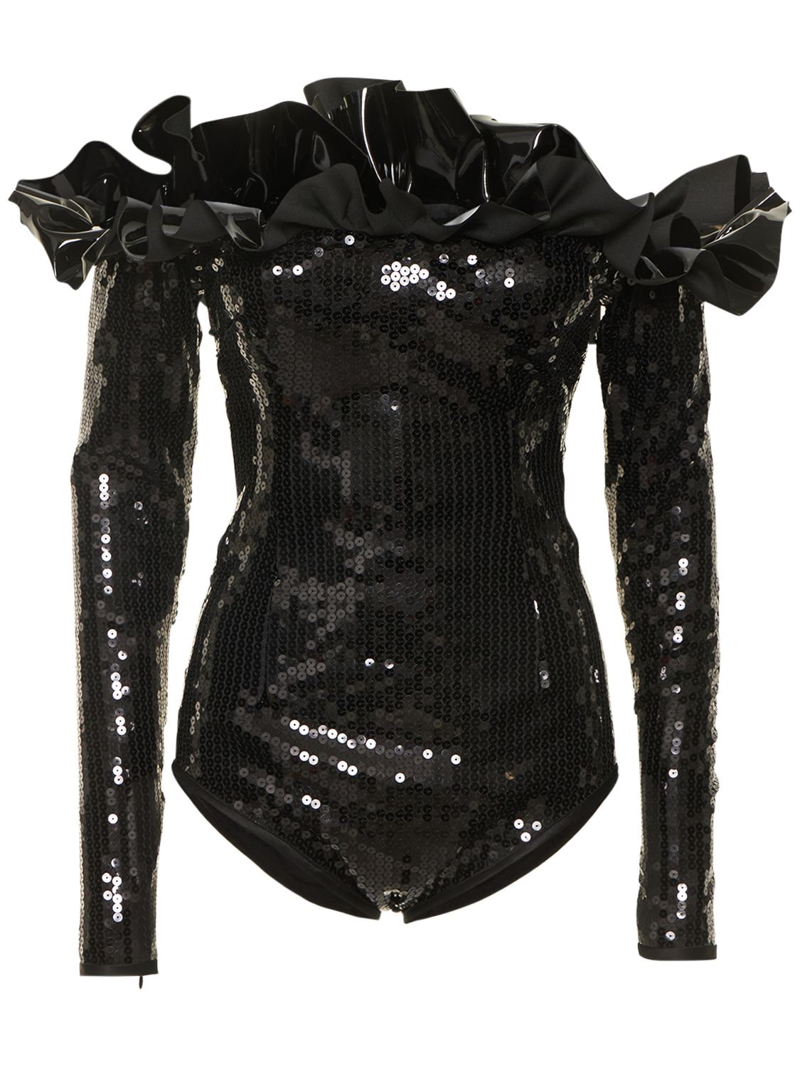 ALESSANDRA RICH SEQUIN & VINYL VOLANT PLAYSUIT 