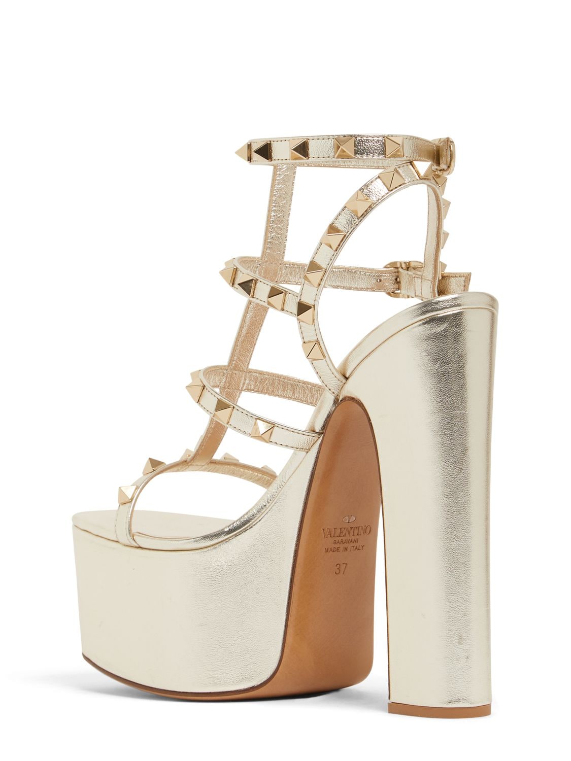 Shop Valentino 155mm Rockstud Metallic Leather Sandals In Gold