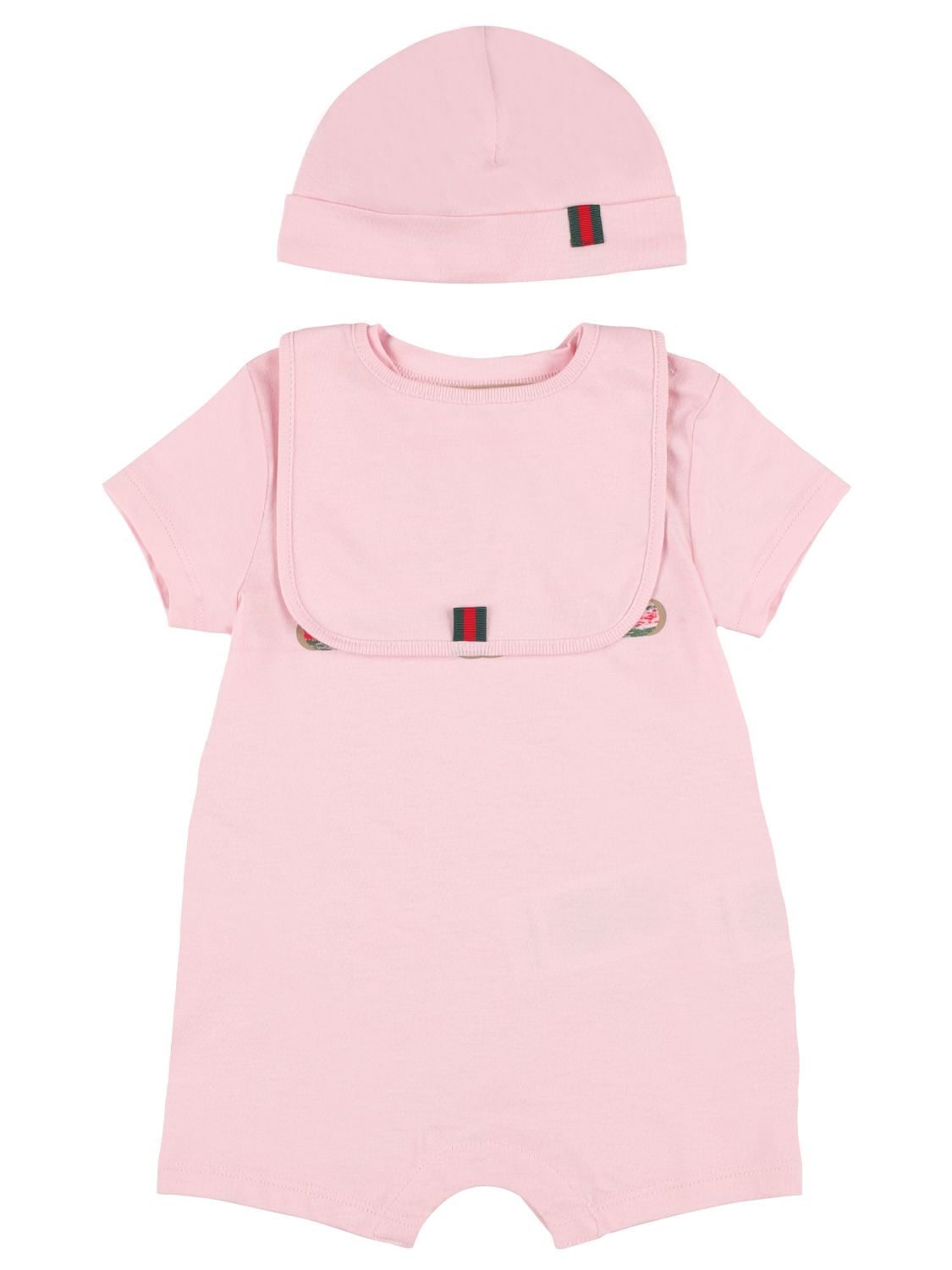 Gucci Babies' Logo印花棉质连体衣，帽子&围嘴 In Light Pink