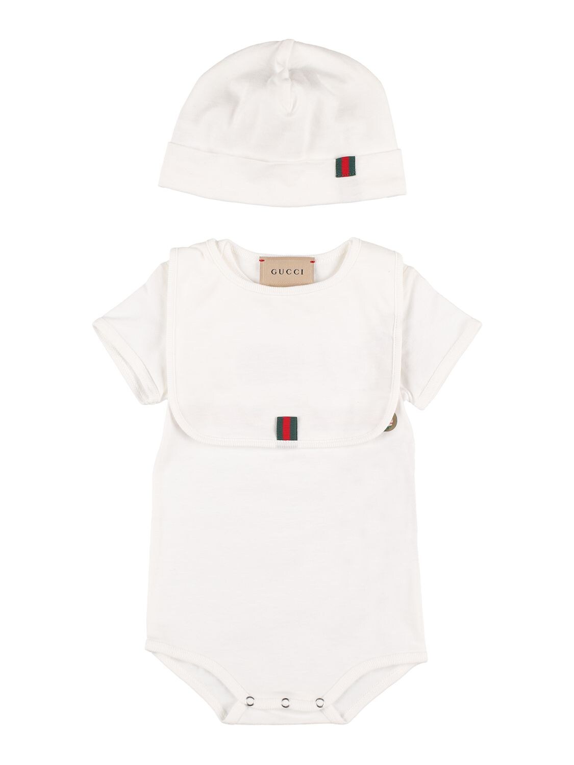 Gucci Babies' Logo Cotton Jersey Bodysuit, Hat & Bib In Weiss