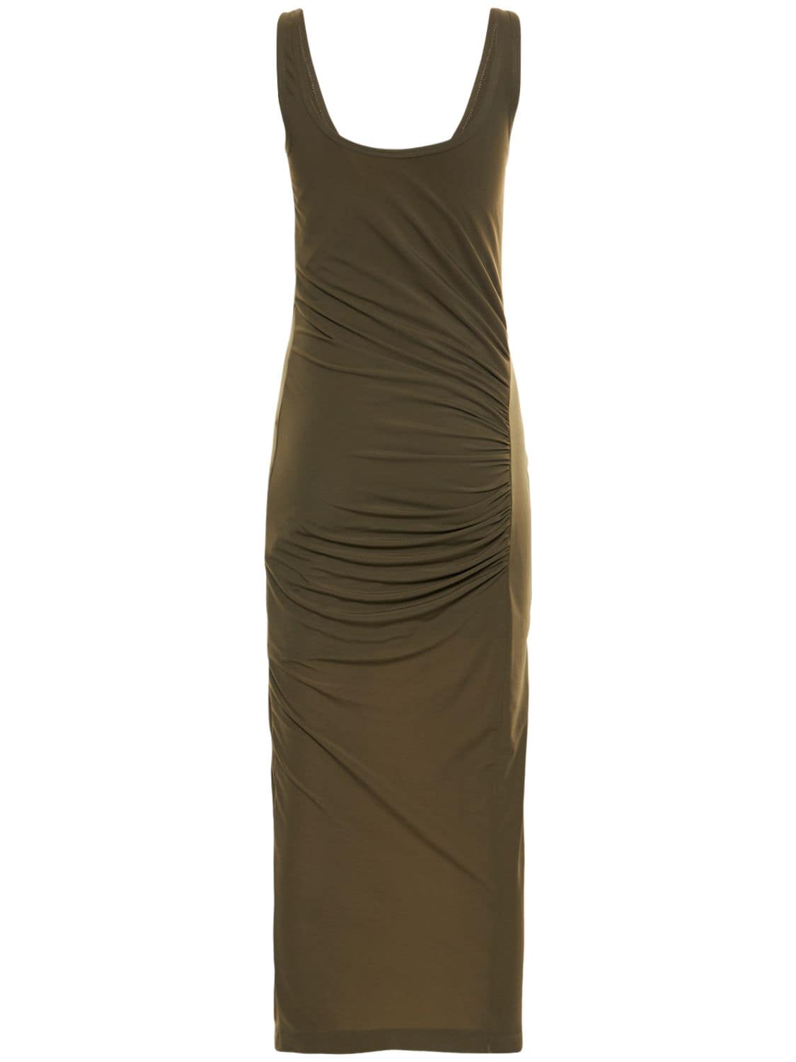 Shop Helmut Lang Side Draped Crepe Hoisey Midi Dress In Olive Green