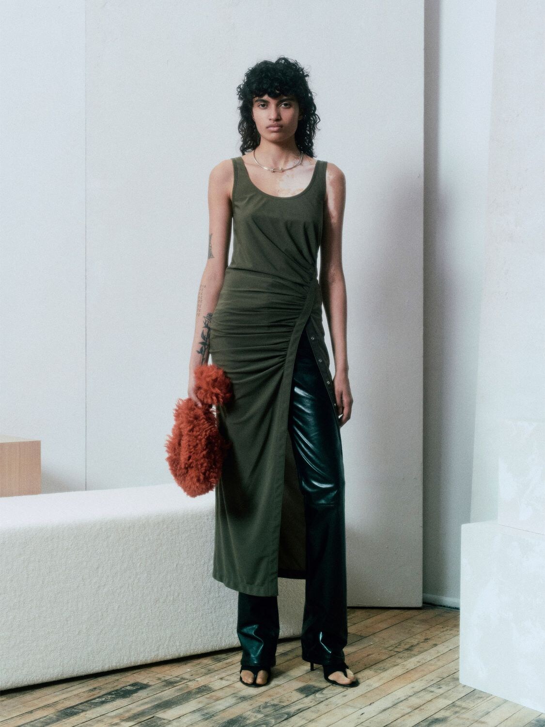 Shop Helmut Lang Side Draped Crepe Hoisey Midi Dress In Olive Green