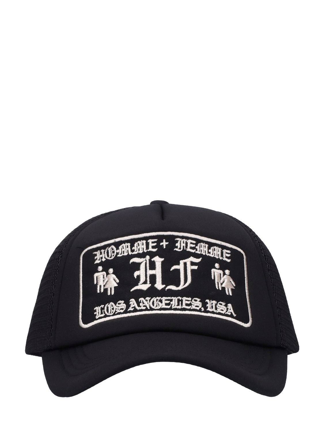 Homme + Femme La Old English Logo Trucker Hat In Black
