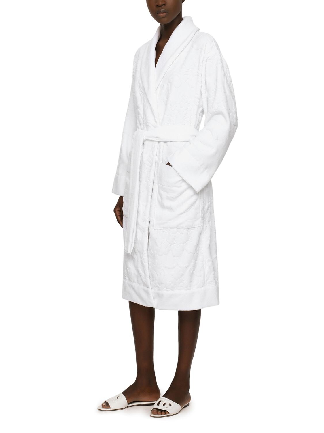 Shop Dolce & Gabbana Cotton Terry Jacquard Bath Robe In Bianco