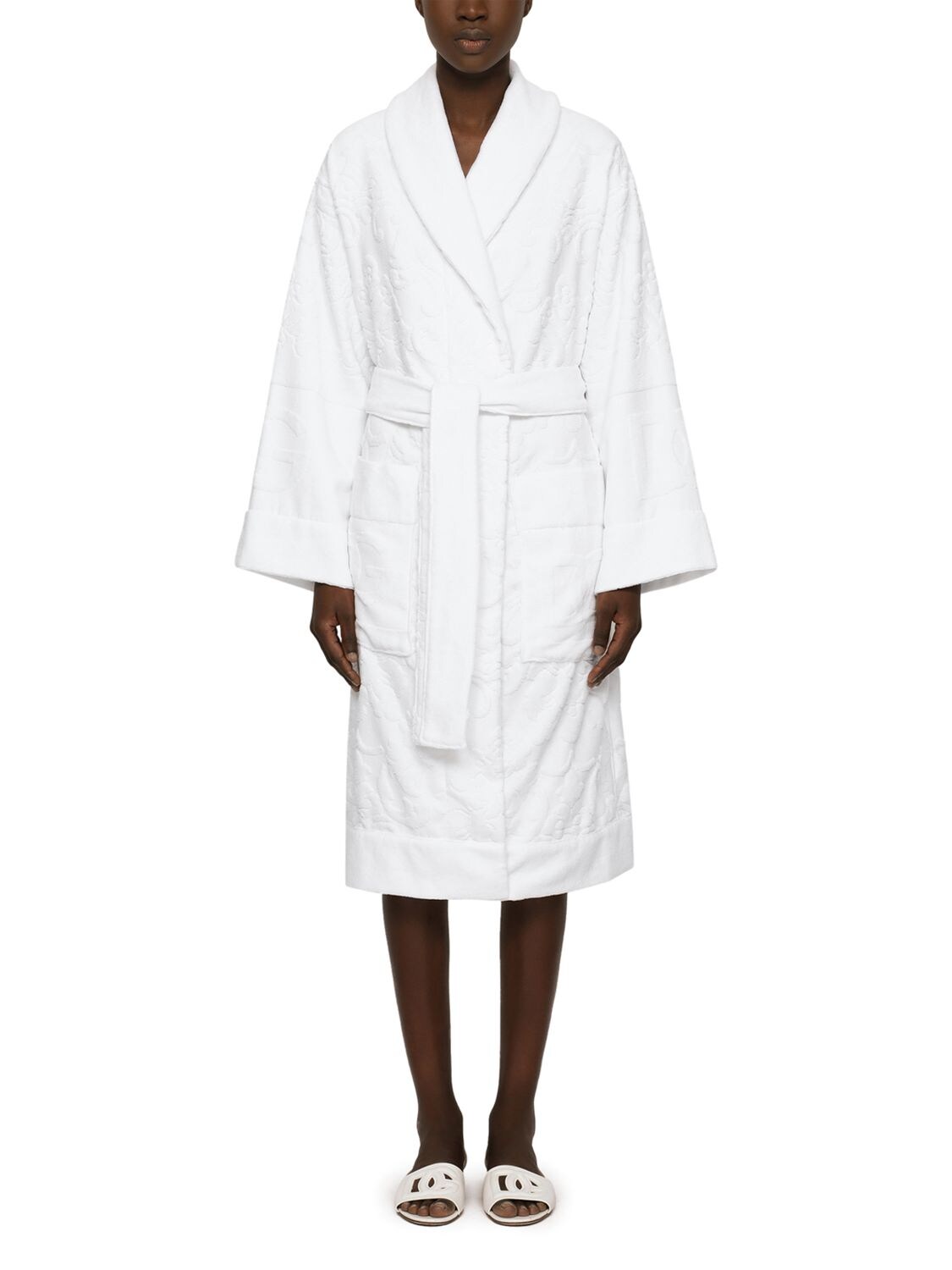 Shop Dolce & Gabbana Cotton Terry Jacquard Bath Robe In Bianco