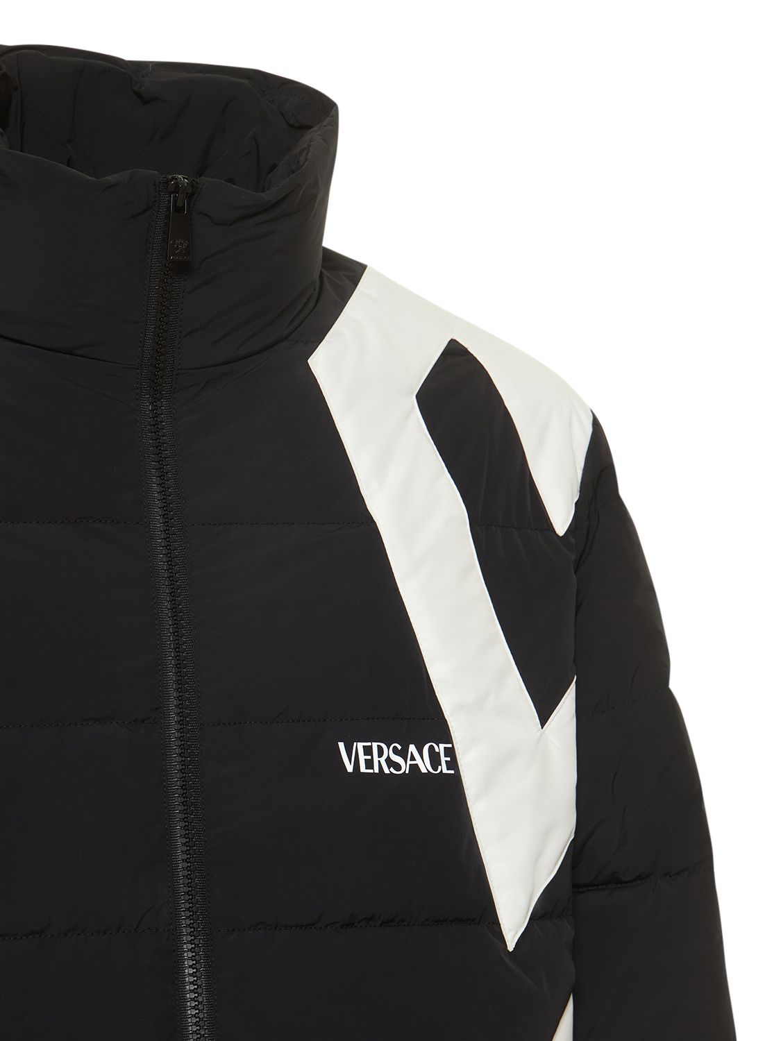 Versace Greca Zipup Puffer Jacket In Tech Fabric In Black ModeSens