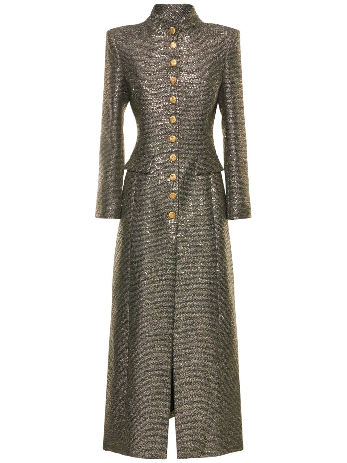 ALESSANDRA RICH LUREX TWEED LONG COAT W/ NEHRU COLLAR