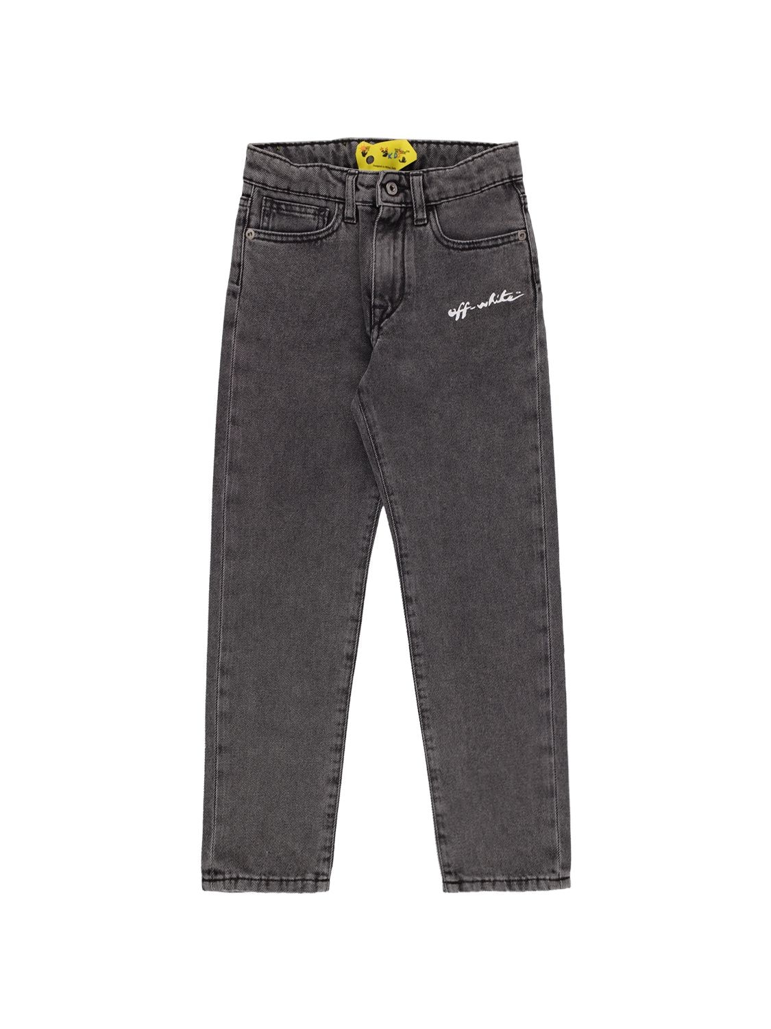 Off-white Kids' Stretch Cotton Denim Jeans In Dark Grey